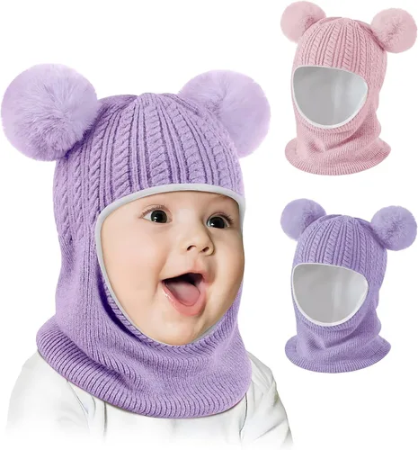 Vista 11 de Conjunto de 2 gorros de invierno para bebé, gorro para niño con calentador de cuello, gorro de punto cálido para clima frío Negro y gris
