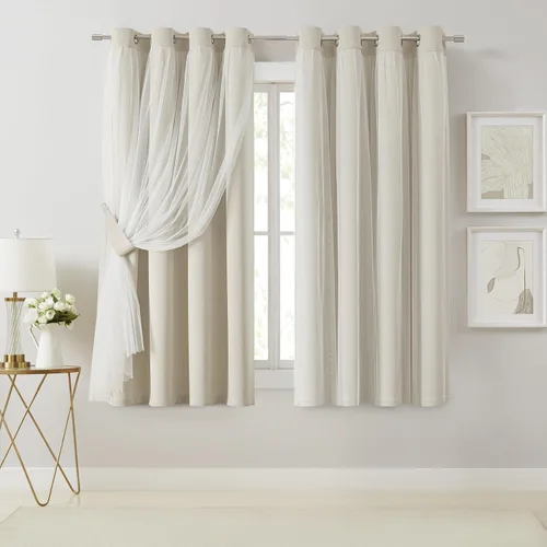 Vista 37 de Bujasso Cortinas 80% Opacas Beige con Superposición de Gasa Mezcla y Combinación Paneles de Ventana con Aislamiento Térmico de Doble Capa de 63