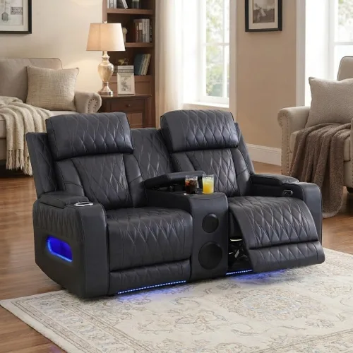 Vista 40 de Sofá reclinable con luces LED, sofá reclinable de cuero con dos asientos reclinables/puerto USB/consola de almacenamiento/soporte para vasos