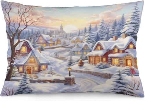 Vista 24 de Fundas de cojín decorativas para cama, diseño de pueblo de invierno, escena de invierno, con una casa victoriana en un entorno nevado, fundas