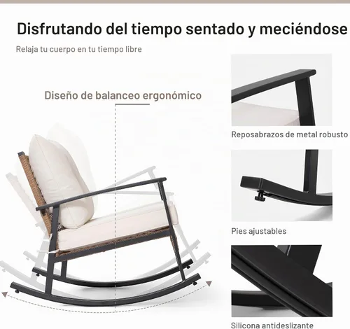 Vista 6 de LAUSAINT HOME Mecedora de mimbre para exteriores, silla de patio de gran tamaño, cómoda silla mecedora con cojín grueso, silla moderna y acogedora