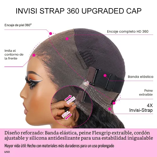 Vista 5 de Pelucas de cabello humano con encaje frontal 360 con correa oculta, ajuste ceñido, ondas de agua, sin pegamento, prepunteadas, precortadas con nudos