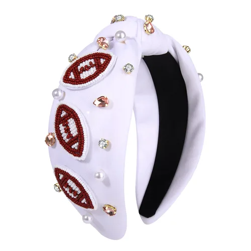 Vista 15 de Diademas anudadas de fútbol para mujer, diadema deportiva para el día del juego, diadema de cristal perlado con nudo superior ancho, accesorios