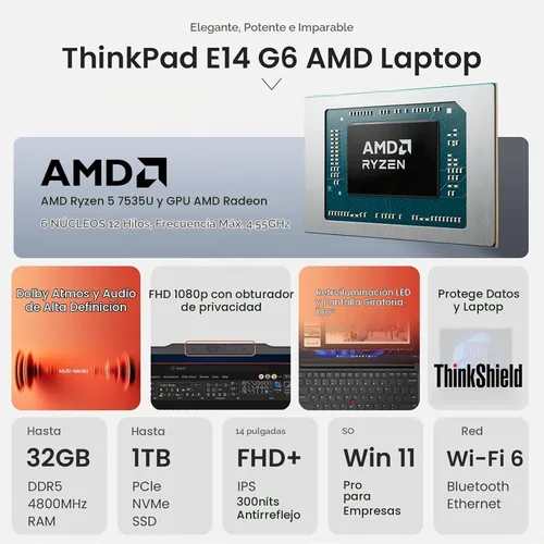 Vista 2 de Lenovo ThinkPad E14 Gen 6 14" FHD+ AMD Ryzen 5 7535U Business Laptop