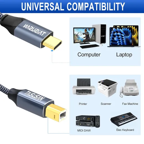 Vista 4 de Cable de impresora USB C a B de 6 pies, compatible con MIDI para teclado, MacBook Pro/Air, impresoras y escáneres