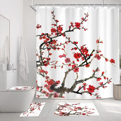 Vista 11 de Cortina de ducha floral roja para baño, 60 pulgadas de ancho x 72 pulgadas de largo, flor de cerezo, ciruela, estética asiática, japonesa, acuarela
