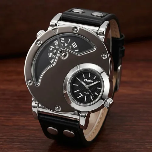 Vista 2 de MJSCPHBJK Reloj de pulsera analógico único para hombre, sumergible, de moda, de vestir, de cuarzo, con dial doble, diseño genial, banda de cuero