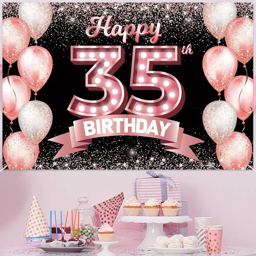 Vista 308 de Cartel de feliz cumpleaños décimo oro rosa, telón de fondo, saludos a 10 años, globos de confeti, decoración temática para niñas de 10 años