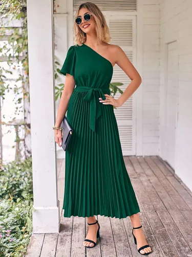 Vista 3 de MASCOMODA Vestido largo plisado de un hombro para mujer, vestido largo de verano floral bohemio de manga corta con lazo en la cintura y línea A