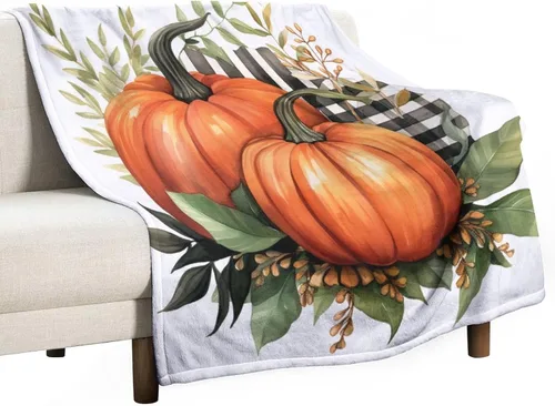 Vista 11 de Manta de lana cuadriculada con diseño de calabaza, hojas de arce, Acción de Gracias, manta de cama para otoño, Acción de Gracias, ligera, súper