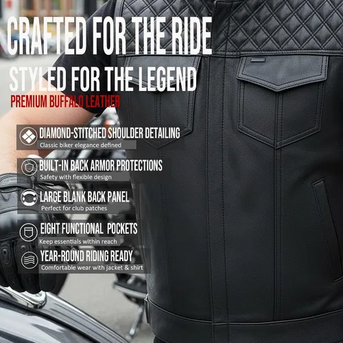 Vista 4 de Jackets 4 Bikes SOA Chaleco de Motocicleta para Hombre, Cuero Genuino de Búfalo, Armadura Trasera, Bolsillos Interiores, Chalecos de Club de Negro