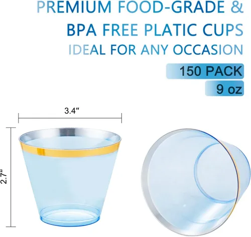 Vista 2 de LUODA 150 vasos de plástico azul, vasos desechables transparentes de 9 onzas con borde dorado, vasos de plástico con borde dorado, vasos de plástico