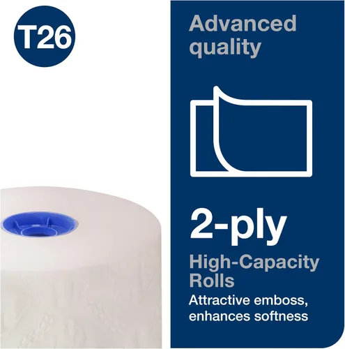 Vista 3 de Tork Rollo de papel higiénico de alta capacidad blanco T26, 36 x 1000, 110292A Compatible con dispensadores T26, rollos avanzados de 2 capas