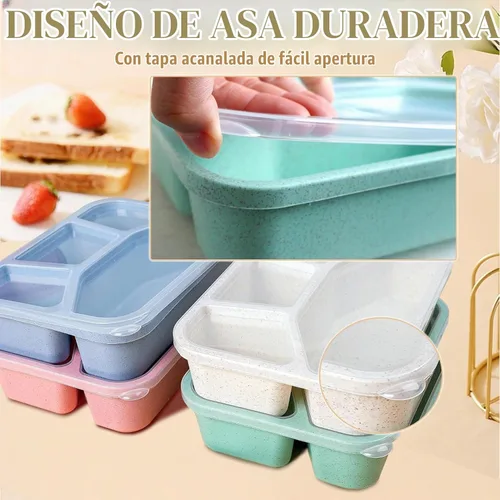 Vista 4 de Caja Bento de 15 piezas, juego de 4 compartimentos para adultos, lonchera Bento de paja de trigo, caja de almuerzo reutilizable, para microondas