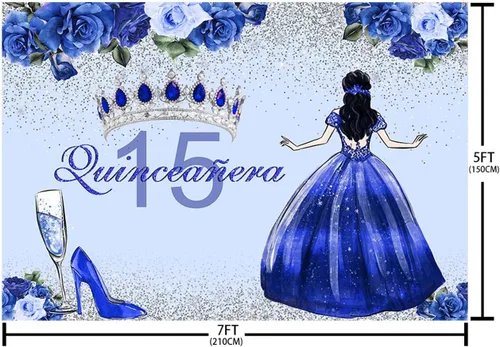 Vista 4 de Sendy Telón de fondo de quinceañera de 15 cumpleaños para niñas, vestido azul, corona de princesa, fondo de fotografía, flores azules y zapatos
