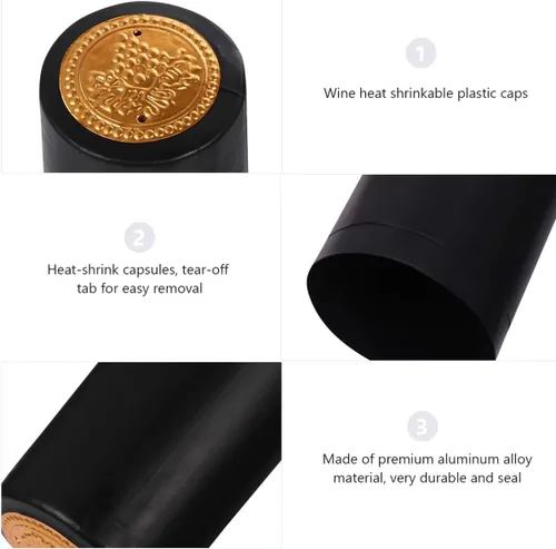 Vista 6 de 100 tapas de sellado de película termorretráctil negras para botellas de vino, envoltura retráctil, sello de botella de vino, papel de aluminio