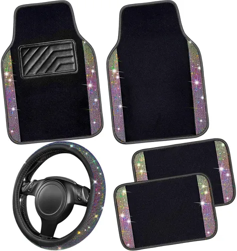 Vista 8 de CAR PASS - Funda de volante de cuero con diamantes brillantes, tapetes de piso de 36.8 cm a 38.1 cm con diamantes de imitación brillantes, alfombra