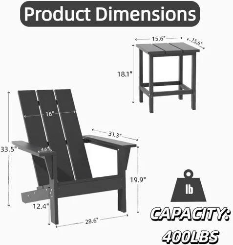 Vista 2 de 3 sillas Adirondack resistentes a todo tipo de clima, silla Adirondack de plástico HDPE con mesa de textura de madera, silla de césped para piscina