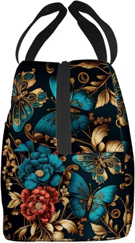Vista 3 de OOZ Lonchera térmica para mujeres y hombres, hermosas flores doradas y mariposas, reutilizable, a prueba de fugas, para el trabajo, oficina, picnic