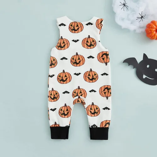 Vista 3 de Mameluco de Halloween para recién nacido, sin mangas, estampado de calabaza, overol