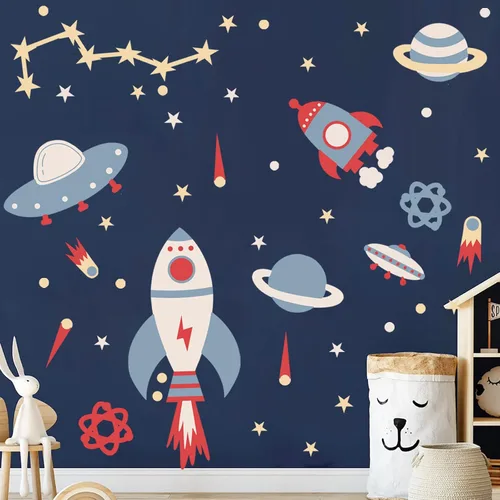 Vista 10 de Calcomanías de pared espaciales multicolor – Calcomanías de vinilo de cohete espacial planetas y estrellas – Sistema Solar extraíble Galaxy Star