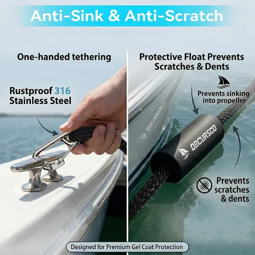 Vista 2 de Obcursco Líneas de muelle elásticas para barco, cuerda de amarre con clips de acero inoxidable 316, accesorios para moto acuática, PWC, SeaDoo
