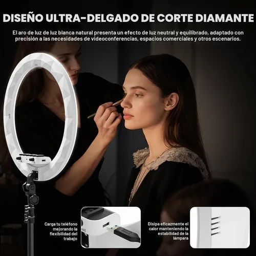 Vista 6 de Anillo de luz de 19" con soporte, trípode de 78" y 3 soportes para teléfono 3 modos de color y luz LED regulable de 6500 K, anillo de luz grande