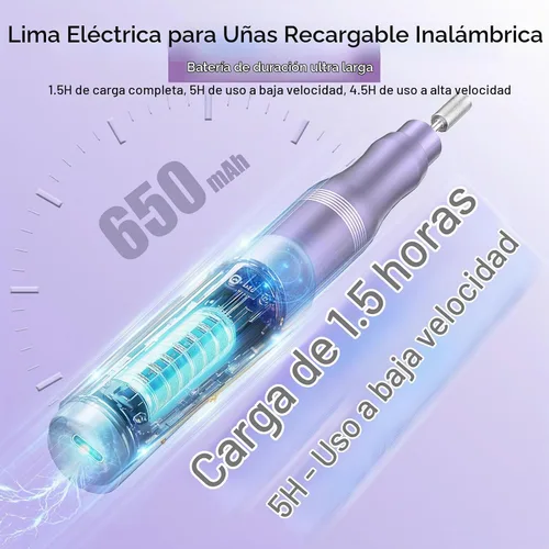 Vista 2 de Kit profesional de taladro de uñas eléctrico, juego de herramientas de manicura de lima de uñas inalámbrica 5 Adjustable Speed, Rechargeable Púrpura