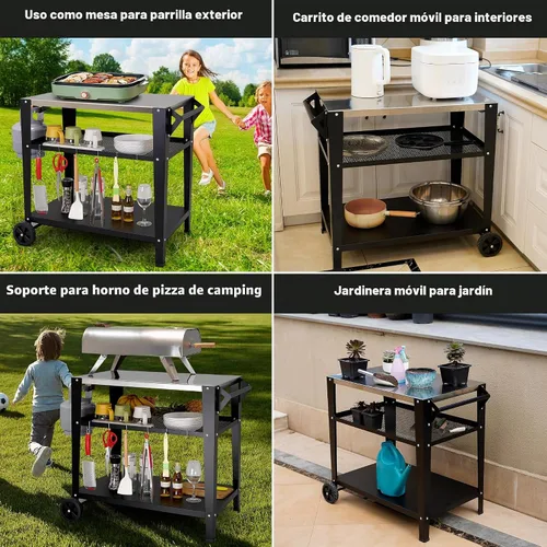 Vista 6 de LEETOLLA Carrito de parrilla de acero inoxidable para exteriores con ruedas, mesa de preparación de barbacoa de 3 niveles resistente para horno