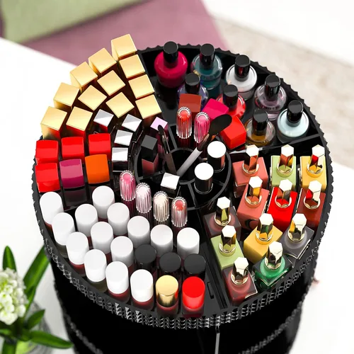 Vista 5 de Organizador de maquillaje negro con rotación de 360 grados, 7 niveles de gran capacidad, organizador de cosméticos acrílico, organizador