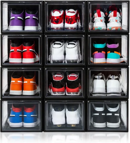Vista 8 de Paquete de 12 cajas para zapatos, contenedor de caja para zapatillas de plástico acrílico transparente apilable, caja organizadora de zapatos