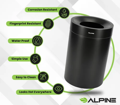 Vista 3 de Alpine Industries - Bote de basura comercial de acero inoxidable – Bote de basura resistente de 50 galones, moderno, redondo, gran receptáculo