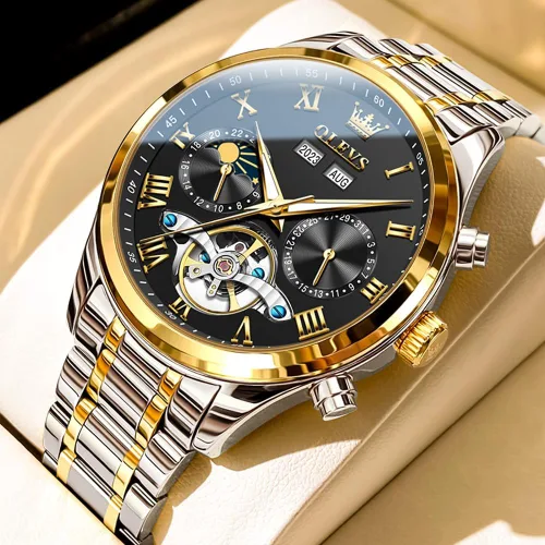 Vista 2 de OLEVS Relojes automáticos para hombre, esqueleto Tourbillon, reloj de pulsera de lujo con diamantes de cuerda automática, acero inoxidable