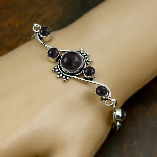 Vista 4 de Pulsera de lapislázuli de piedra lunar natural, forma redonda, 925, superposición de plata, hecha a mano, joyería, Gema