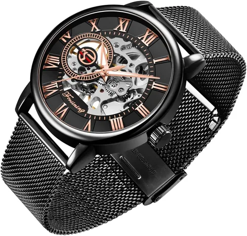 Vista 8 de Reloj de Esqueleto para Hombre Clásico con Números Romanos Steampunk Reloj Mecánico de Cuerda Manual Relojes para Hombre (Azul)