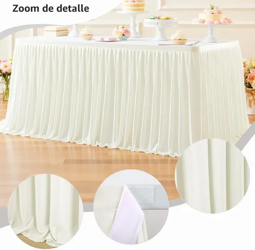 Vista 7 de Falda de mesa beige para mesas rectangulares, falda de escritorio de 6 pies para el escritorio del profesor, aula, volantes, tela de poliéster
