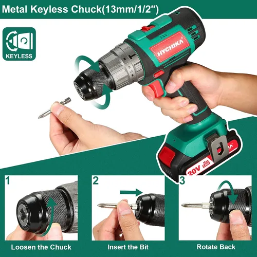 Vista 4 de HYCHIKA - Taladro inalámbrico de 20 V máximo, taladro sin escobillas, par máximo de 530 pulgadas-libras, batería de 2.0 AH cargador rápido de 1 H