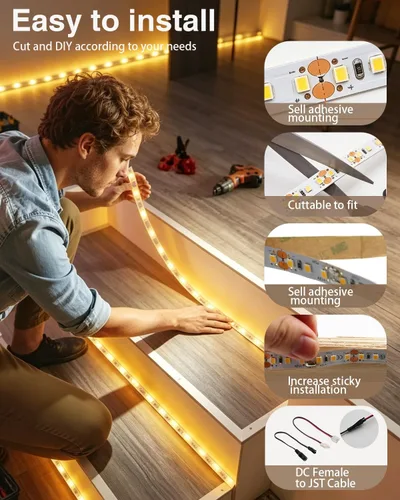 Vista 4 de VST - Tira de luces LED de 12 V, 2835 cortables, conectables, 120 LEDs/m Flexible & Dimmable LED Tape Light for Indoor Under Cabinet Bedroom
