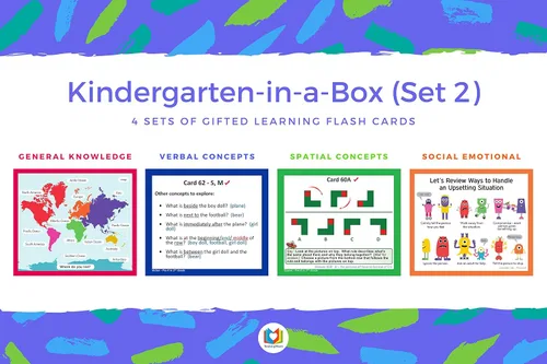 Vista 3 de TestingMom Kindergarten-In-A-Box - Paquete de tarjetas didácticas de aprendizaje para dotados (juego 2) – Conocimiento general, verbal, espacial