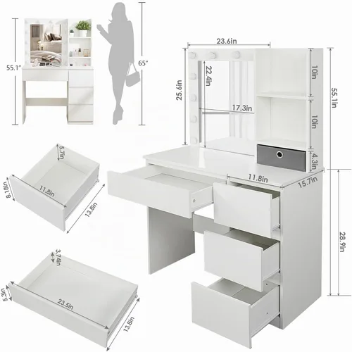 Vista 7 de Fameill Tocador de maquillaje con luces, escritorio de tocador de 37 pulgadas con espejo y luces, 4 cajones, 3 modos de iluminación, brillo