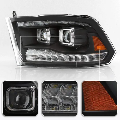 Vista 4 de ACANII – Faros delanteros LED negros con señal DRL y doble proyector para Dodge Ram 1500 2500 3500 2009-2018