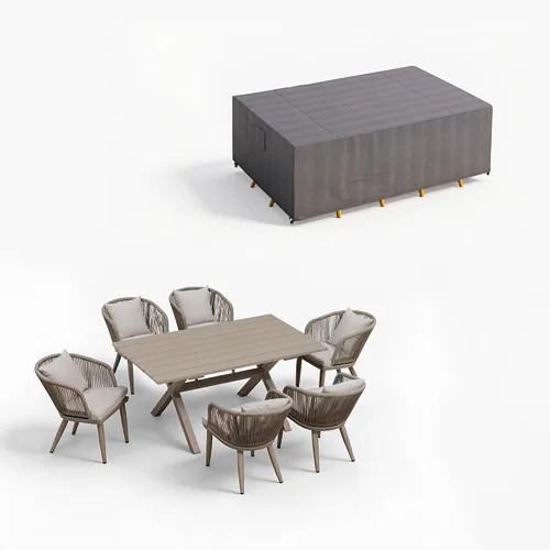Vista 24 de PURPLE LEAF Juego de muebles para patio de 7 piezas, juego de mesa y sillas de mimbre para exteriores, marco rectangular de aluminio para jardín