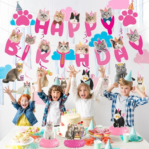 Vista 6 de Remolinos colgantes para fiesta de cumpleaños de gatos - NOVBAUB 20 unidades, encantadores suministros de fiesta de cumpleaños de gato rosa, centros