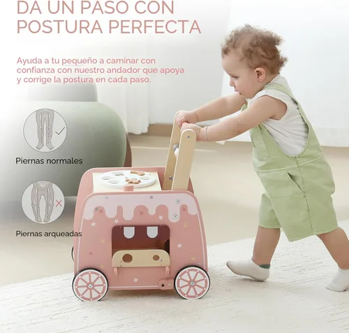 Vista 2 de Caminador de bebé de madera, juguete de actividad con carro de helados multifuncional para aprender a empujar y caminar con ruedas, juego