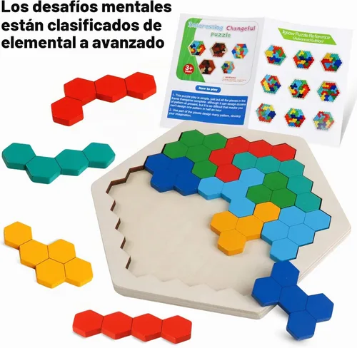 Vista 5 de Wooden Hexagon Blocks Puzzle, STEM Montessori Brain Teaser for Kids Adults