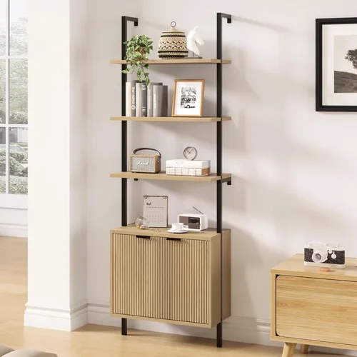 Vista 12 de Estantería de escalera con gabinete, estantería de pared de 71 pulgadas de alto con estantes y almacenamiento, estante de escalera estriado
