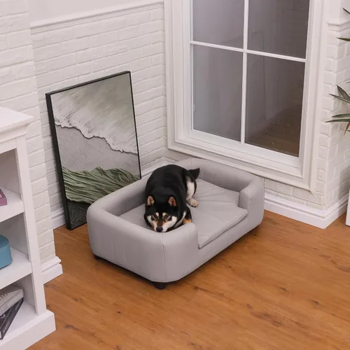 Vista 6 de Sofá moderno para mascotas de 37 pulgadas con tela sintética resistente a los arañazos y patas ajustables, sofá elevado para perros pequeños
