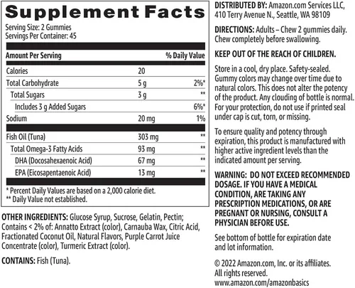 Vista 5 de Amazon Basics Aceite de pescado 303 mg, sabores de limón, naranja y fresa-plátano, 90 gomitas (2 por porción), ácidos grasos omega-3 EPA y DHA