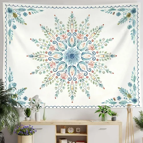 Vista 23 de Accnicc Tapiz bohemio con mandala floral para dormitorio, tapiz de pared con flores bohemias, pequeño, acuarela, azul, blanco, hippie, indio