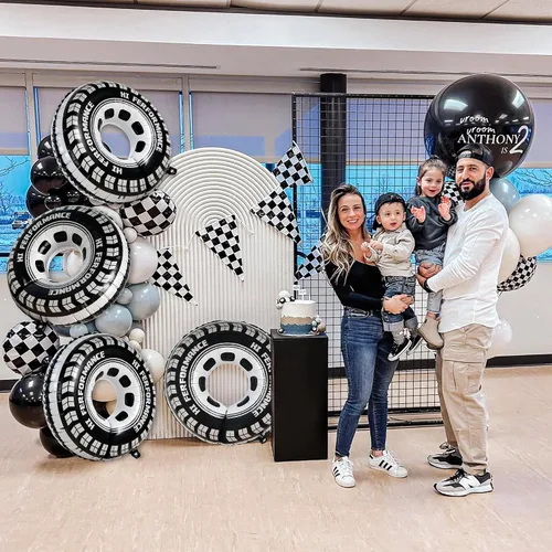 Vista 2 de 6 globos de aluminio para neumáticos de auto de carreras, globos reutilizables de 30 pulgadas con cinta, puntos de pegamento y pajilla, decoraciones